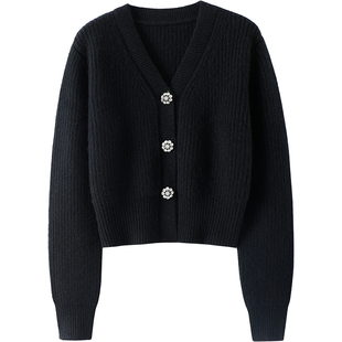 高货！钻石花瓣扣加厚V领羊绒开衫女纯羊绒毛衣短款针织开衫外套