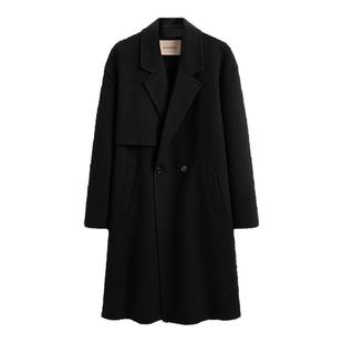 太平鸟男装 黑色休闲冬季翻领羊毛呢大衣男中长款平驳领外套