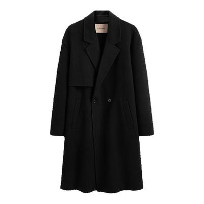 太平鸟男装 黑色休闲冬季翻领羊毛呢大衣男中长款平驳领外套