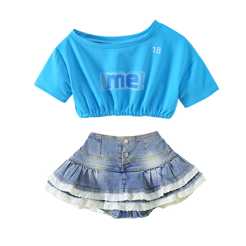 女童爵士舞服装蓝色短袖套装时髦