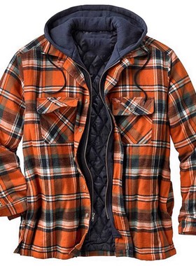 加厚棉衣格纹宽松连帽夹克外套男