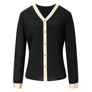 BCBG春夏春日慢人风撞色拼接气质职场V领小香风长袖女士衬衫外套