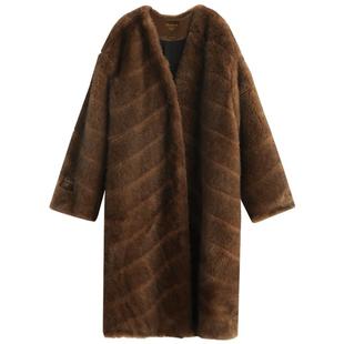 COCOBELLA中古风仿貂绒横排工艺环保皮草外套长款毛绒大衣FU3006