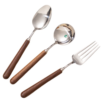 木柄勺子不锈钢食品级家用高档精致吃饭汤匙长柄叉子喝汤勺