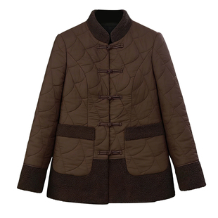 新中式国风菱形格棉服女冬季盘扣夹棉厚外套妈妈装保暖羊羔绒棉袄