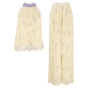 韩语琳 挂脖无袖碎花套装新款温柔风浅黄色百褶上衣阔腿裤两件套