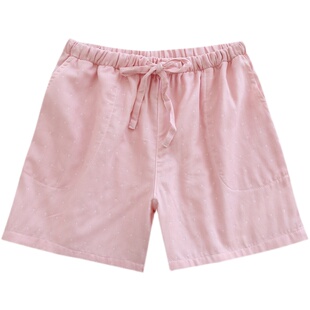 情侣睡裤短裤女夏季薄款纯棉双层纱布家居裤子男士简约日系五分裤