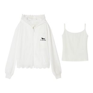 【缱绻风信】Uena白色蕾丝边连帽开衫卫衣外套真两件背心吊带套装
