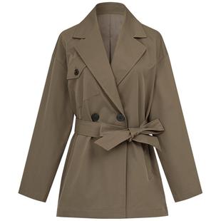 曼德诗纯色西装领风衣2025秋季新品简约本布收腰长袖宽松短款外套