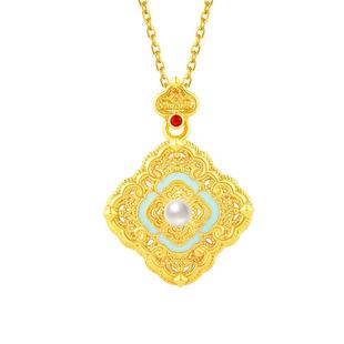 【热销】诗普琳 黄18K金四合如意吊坠珍珠镶和田玉女彩金项链送礼