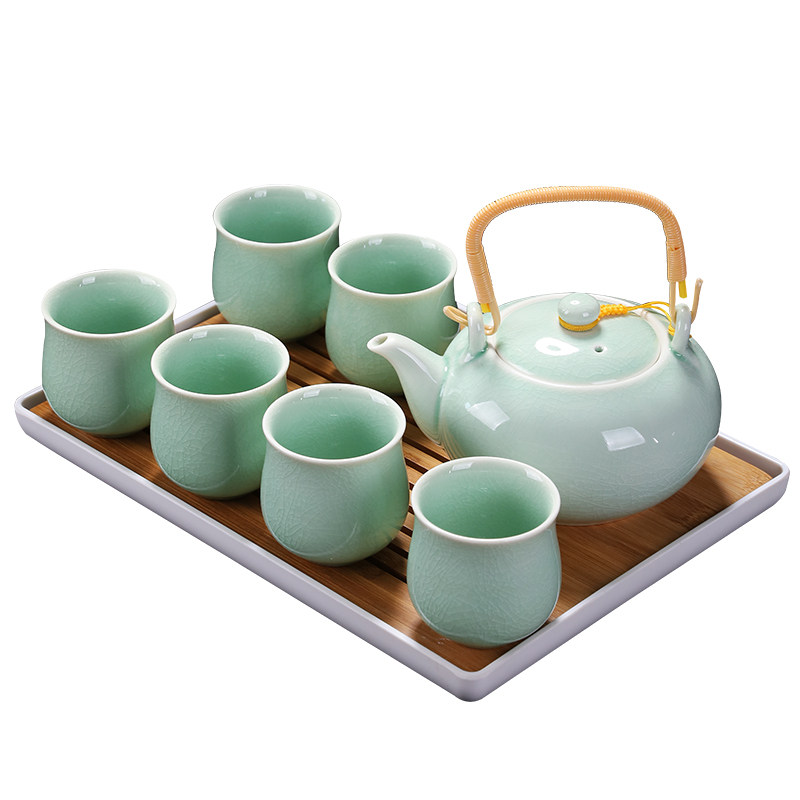 汝窑茶具套装提梁壶家用中式整套大号陶瓷茶壶现代简约喝茶杯茶盘