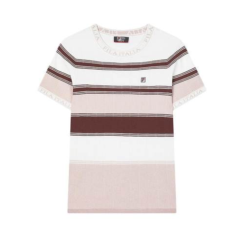 FILA 斐乐官方女子编织衫2024秋季新款时尚休闲撞色条纹短袖上衣