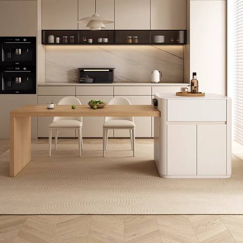 原木风岛台餐桌一体可伸缩高端岩板导台加餐桌大小户型多功能家用