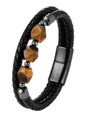 蛇年新款天然菱形虎眼石手链不锈钢黑色磁性扣百搭男手链皮绳手链