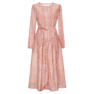 纻衣圆领印花长袖连衣裙女2026春装新款泡泡袖文艺通勤时尚中长裙