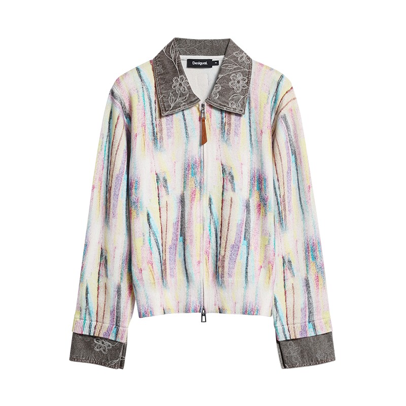 Desigual26秋冬新品抽象手绘彩色印花拼接牛仔开衫女式外套