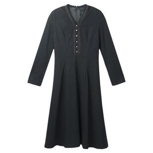 声雨竹连衣裙女V领长袖A字裙商务优雅羊毛混纺中高腰黑色气质通勤