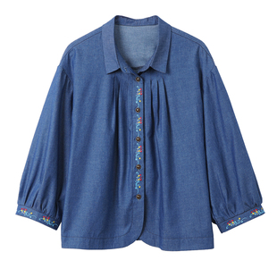 复古绣花牛仔衬衫女2026春装新款早春妈妈九分袖衬衣宽松大码减龄