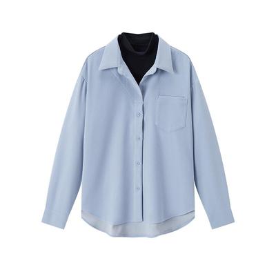 森马假两件磨毛中长款长袖衬衫女