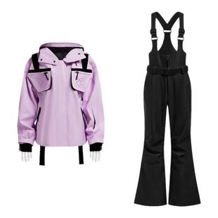 BCG少女滑雪服套装蝴蝶结滑雪冲锋衣长腿开叉喇叭背带裤防风防水