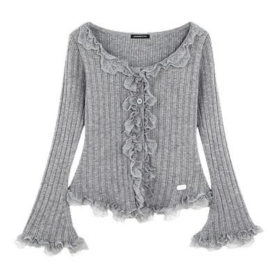 i.t GROUNDZERO2025秋冬喇叭袖木耳边浅灰色开衫毛衣外套针织衫女