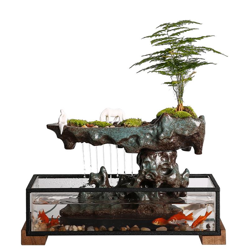 假山流水喷泉摆件招财客厅桌面鱼缸陶瓷转运生财景观循环流水养鱼