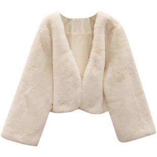 仿兔毛小个子加厚羊羔毛绒皮草外套女短款 V领时尚年轻款上衣夹克