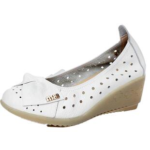 头层牛皮鞋女鞋白色护士鞋真皮镂空凉鞋单鞋坡跟舒适牛筋底软女鞋