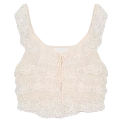 法式蕾丝宽肩带叠层装饰上衣