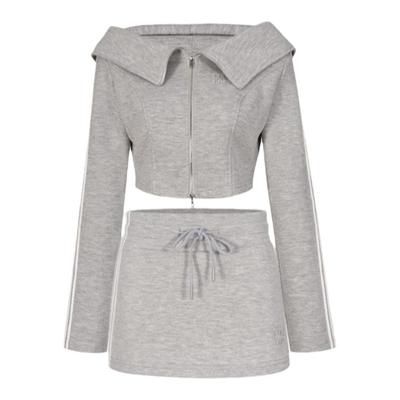 PUKI灰色一字肩运动休闲短裙套装