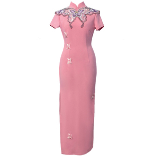 舞姿翼形体走秀训练礼仪服装中国风绣花云肩仙女粉改良短袖旗袍裙