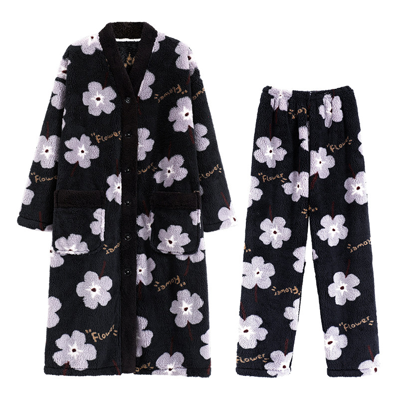 女法兰绒加厚加绒睡袍套装家居服