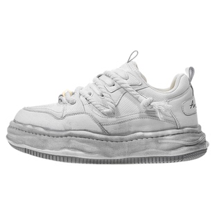 白色7cm隐形内增高板鞋男女款小众做旧厚底溶解鞋情侣休闲面包鞋