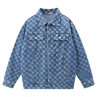 班尼路SK秋季新款休闲男棋盘格牛仔夹克外套春秋男装宽松上衣服YS
