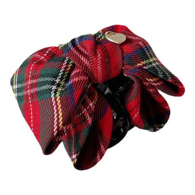 桃子柚圣诞红色格子蝴蝶结抓夹