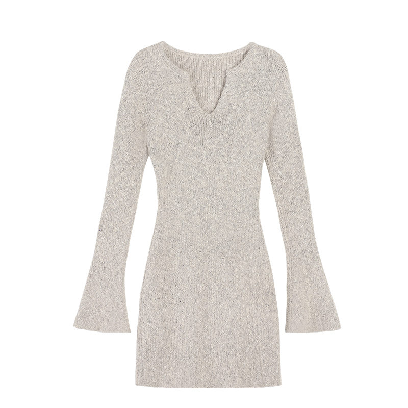 MULVAN 性感v领针织连衣裙女秋冬修身内搭收腰打底包臀短裙
