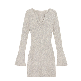 MULVAN 性感v领针织连衣裙女秋冬修身内搭收腰打底包臀短裙