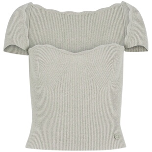 ChicChick时髦小鸡vol20灰白色波浪边度假感紧身针织抹胸短袖上衣