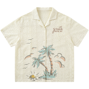 From Mars 两个椰树 日系奶杏色度假风慵懒情侣衬衫oversize夏季