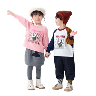 马拉丁【柔软亲肤】上衣冬款男女小童趣味印花设计感撞色百搭T恤