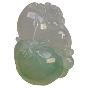 隆慈缘原矿翡翠源头A货冰种双彩飘花桃子吊坠灵猴献寿挂件