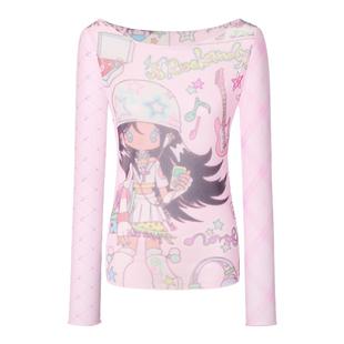 BETWEENANDx鸟鸟一 夏季千禧梦幻粉拼接网纱长袖女小众一字领上衣