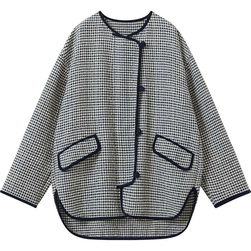 播冬季复古格纹圆领棉服女宽松松弛外套BDS4PD3836