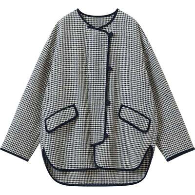 播冬季复古格纹圆领棉服女宽松松弛外套BDS4PD3836