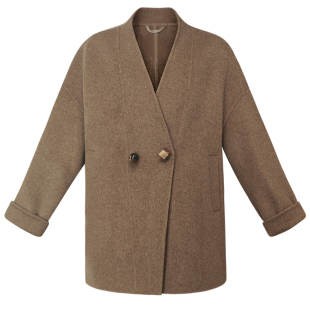 100支美丽奴羊毛外套设计师款羊绒绿色手工双面呢廓形大衣5627