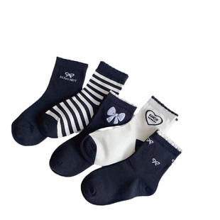 亲子爱嘀嗒男女儿童袜子韩版棉袜5双装 春秋黑白花边蝴蝶结中筒袜