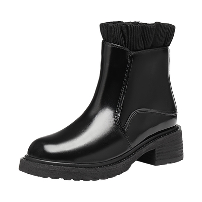 真美诗冬季新款光泽牛皮波浪边粗跟优雅时装靴短靴女J8891DD4