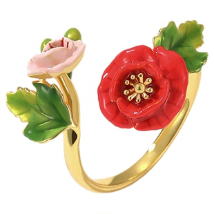 红色虞美人花朵开口戒指女可调节小众设计轻奢高级感夸张食指戒夏