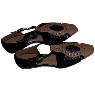 Le' Murmure 意大利头层牛皮 松球焦糖 铆钉编织 复古罗马凉鞋女