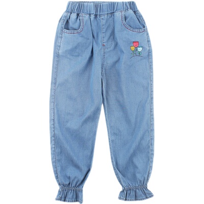 女童裤子夏季薄款弹力洋气儿童牛仔裤宽松休闲长裤女孩春秋防蚊裤